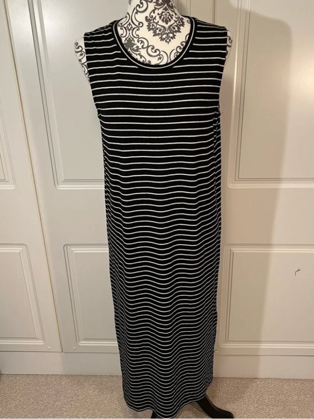 MADEWELL sleeveless black & grey striped knit shift dress w/side slits small